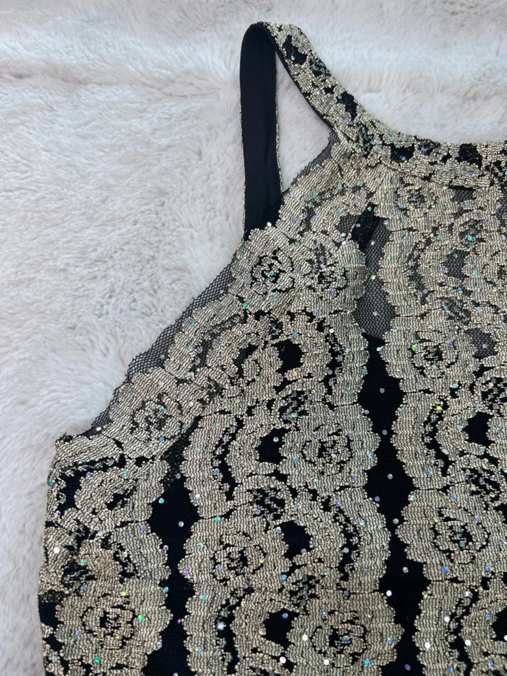 Joseph Ribkoff Black Gold Sparkle Lace Halter Bodycon Dress Size 12 Mini Vintage - Picture 4 of 16